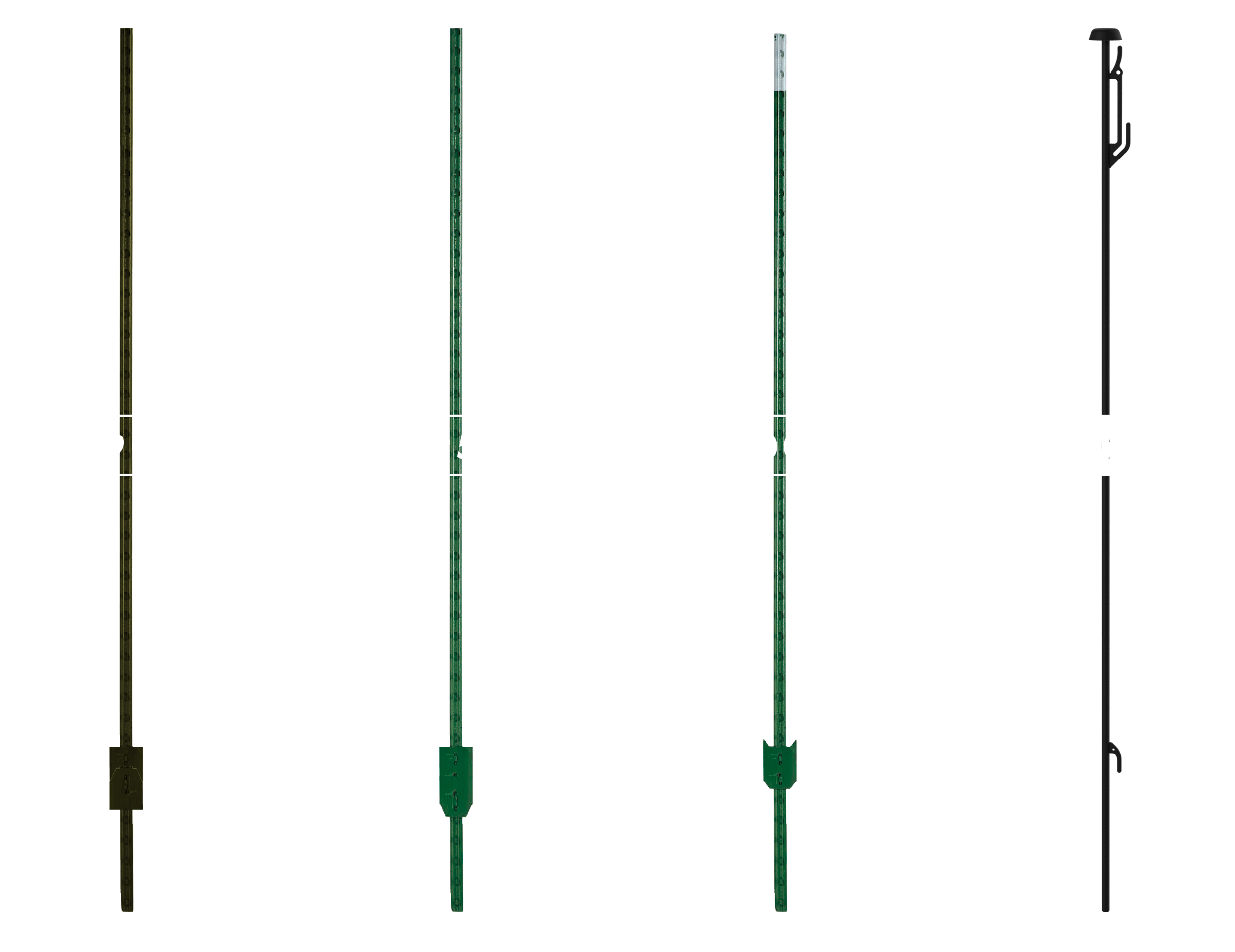 Four fence posts side by side: three conventional studded steel T-posts in black and green with welded anchor plates and exposed tops, and one reusable Scepter post with a flat safety cap and an integrated side hook-bracket