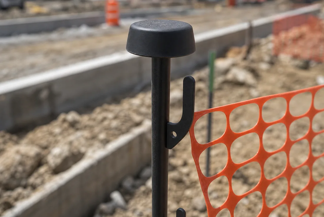 Close-up of a Scepter safety-barrier post top: a smooth matte-black drum cap fully covers the tube end with no exposed edge, and a flat hook-bracket below holds orange barrier mesh