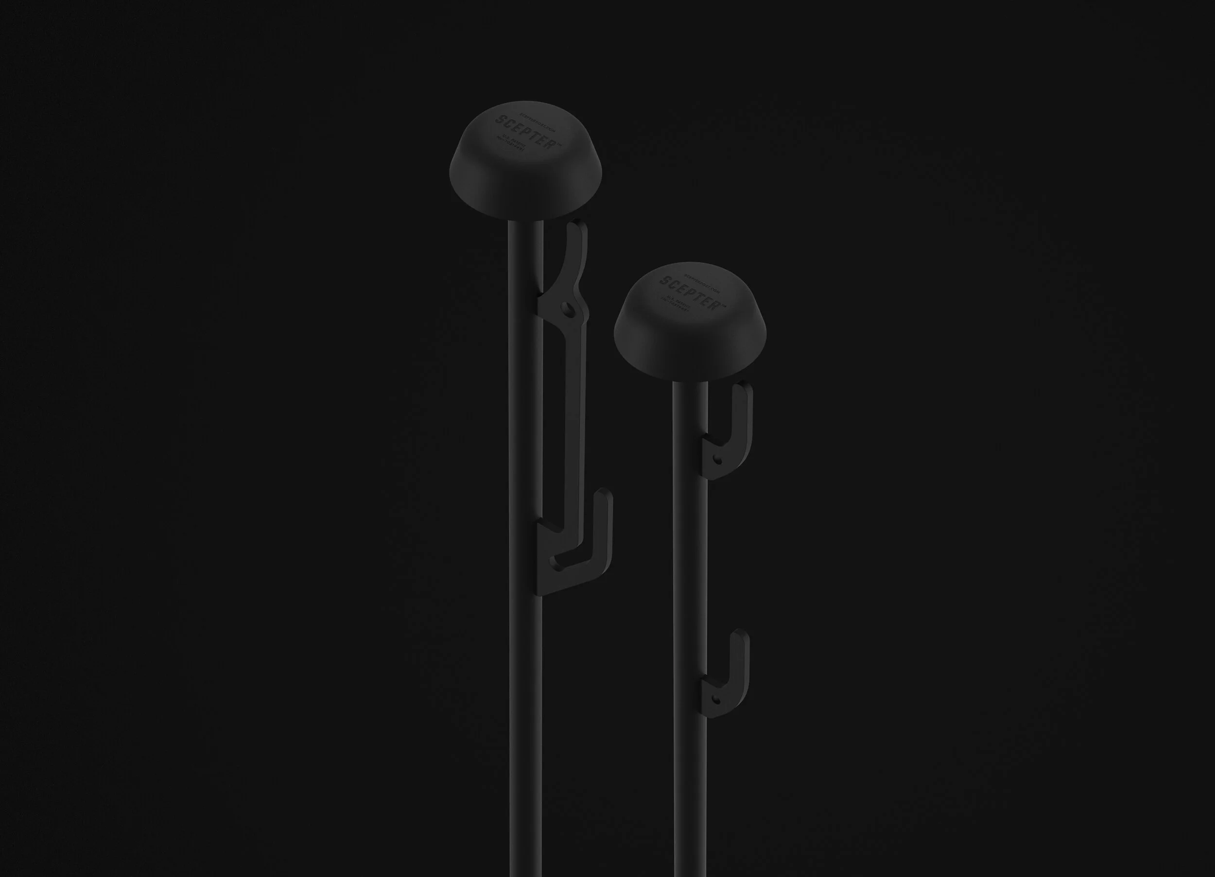 Two reusable Scepter perimeter posts with capped tops and integrated side hook-brackets that the barrier mesh clips onto