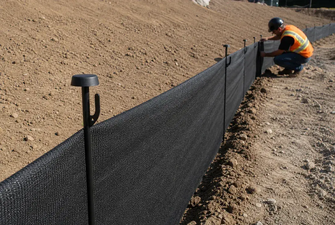 Reusable Scepter silt-fence posts holding engineered geotextile silt fabric along a graded construction slope, the fabric captured on the posts' hooks rather than stapled